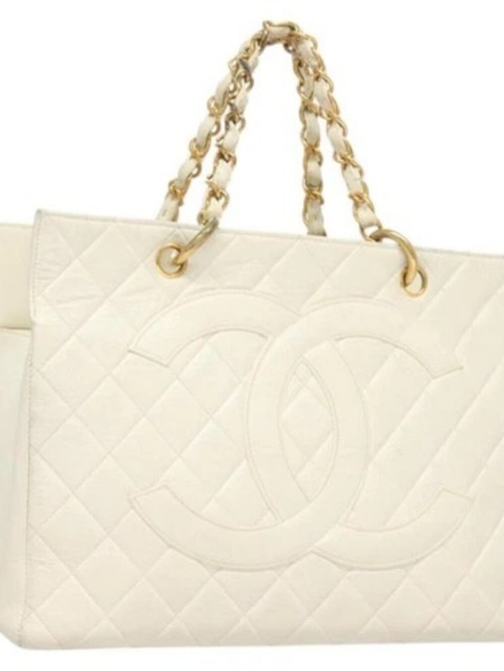 CHANEL Matelasse Chain Hand Bag Grained Calf Skin White Gold CC Auth bs26565